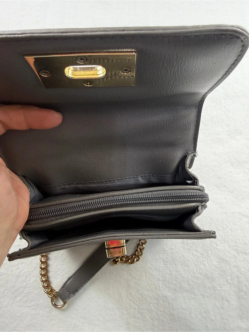 Carpisa Gray Crossbody Purse Gold Chain Turn Lock Structured Mini Bag